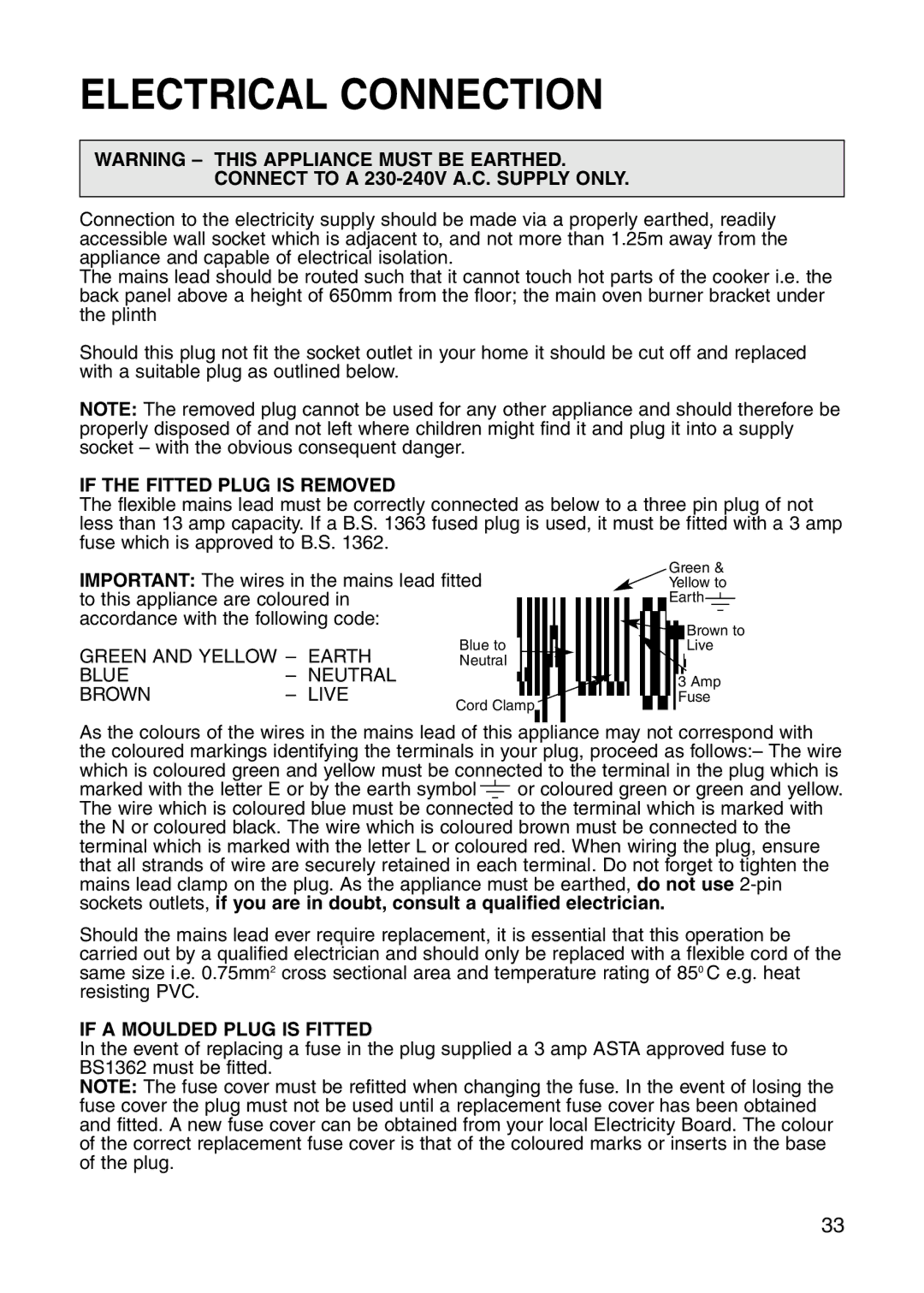 Hotpoint GW81 manual Electrical Connection, Connect to a 230-240V A.C. Supply only 