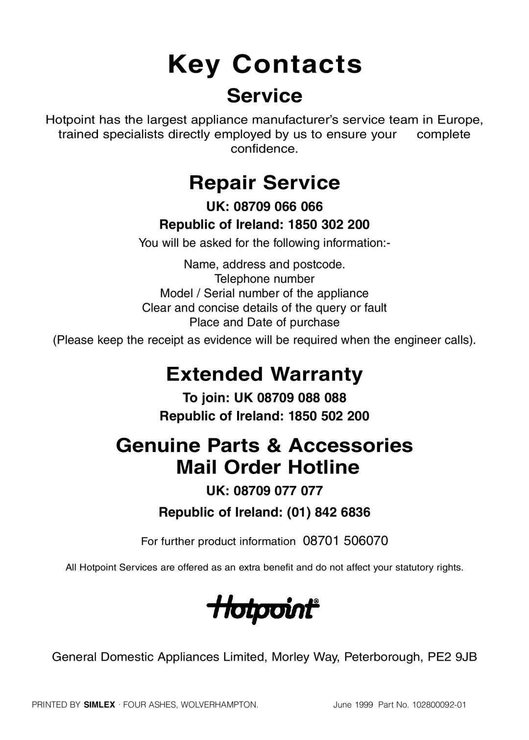 Hotpoint GW81 manual Key Contacts 