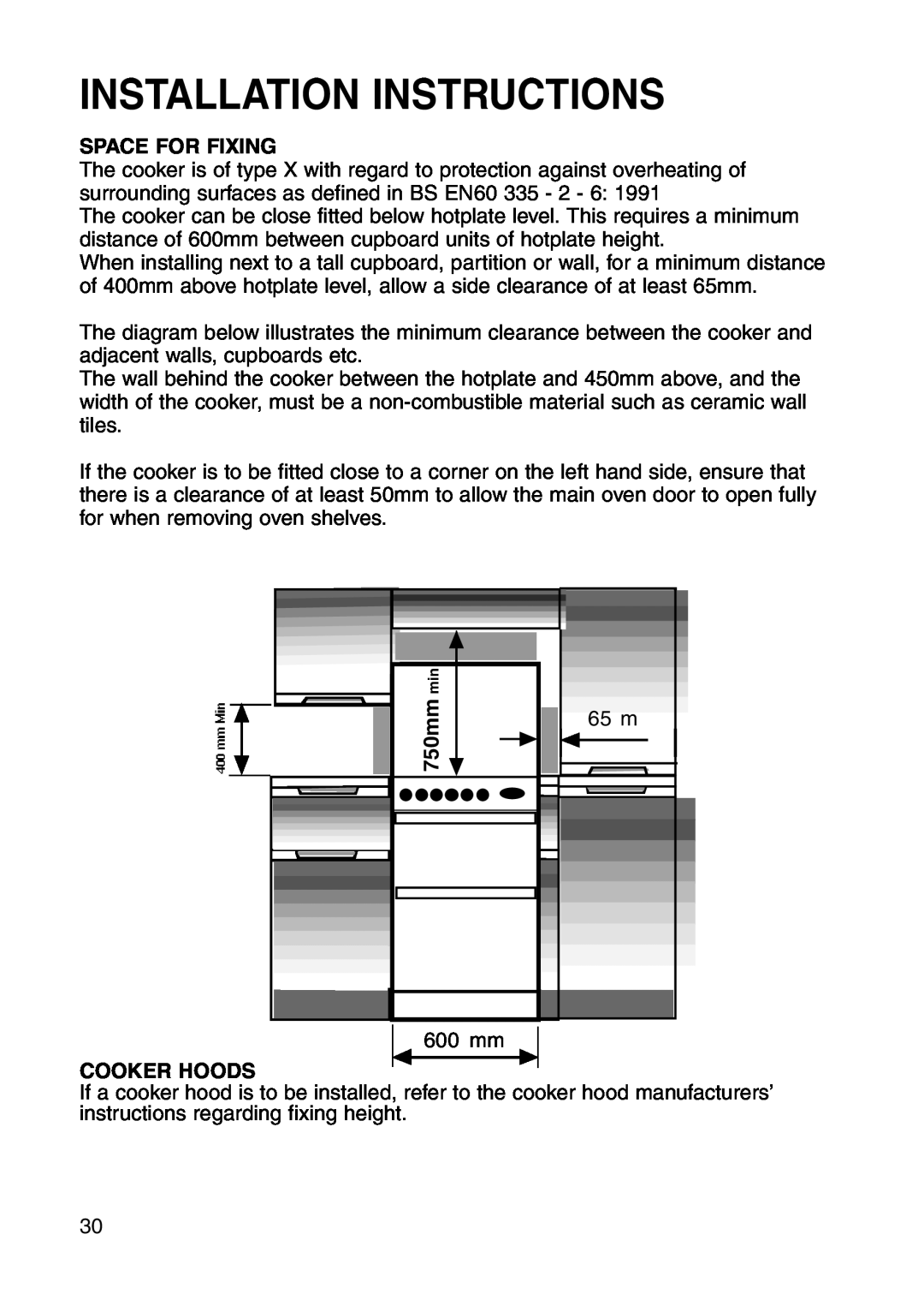 Hotpoint GW81 manual Installation Instructions, Space For Fixing, 750mm, 65 m, Cooker Hoods 
