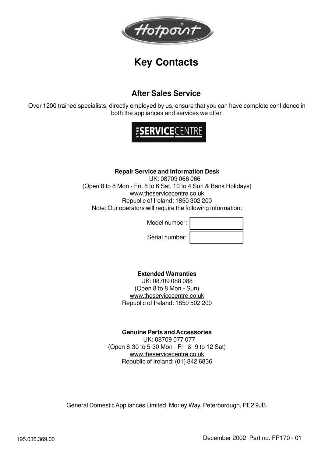 Hotpoint GX901X manual Key Contacts, After Sales Service 