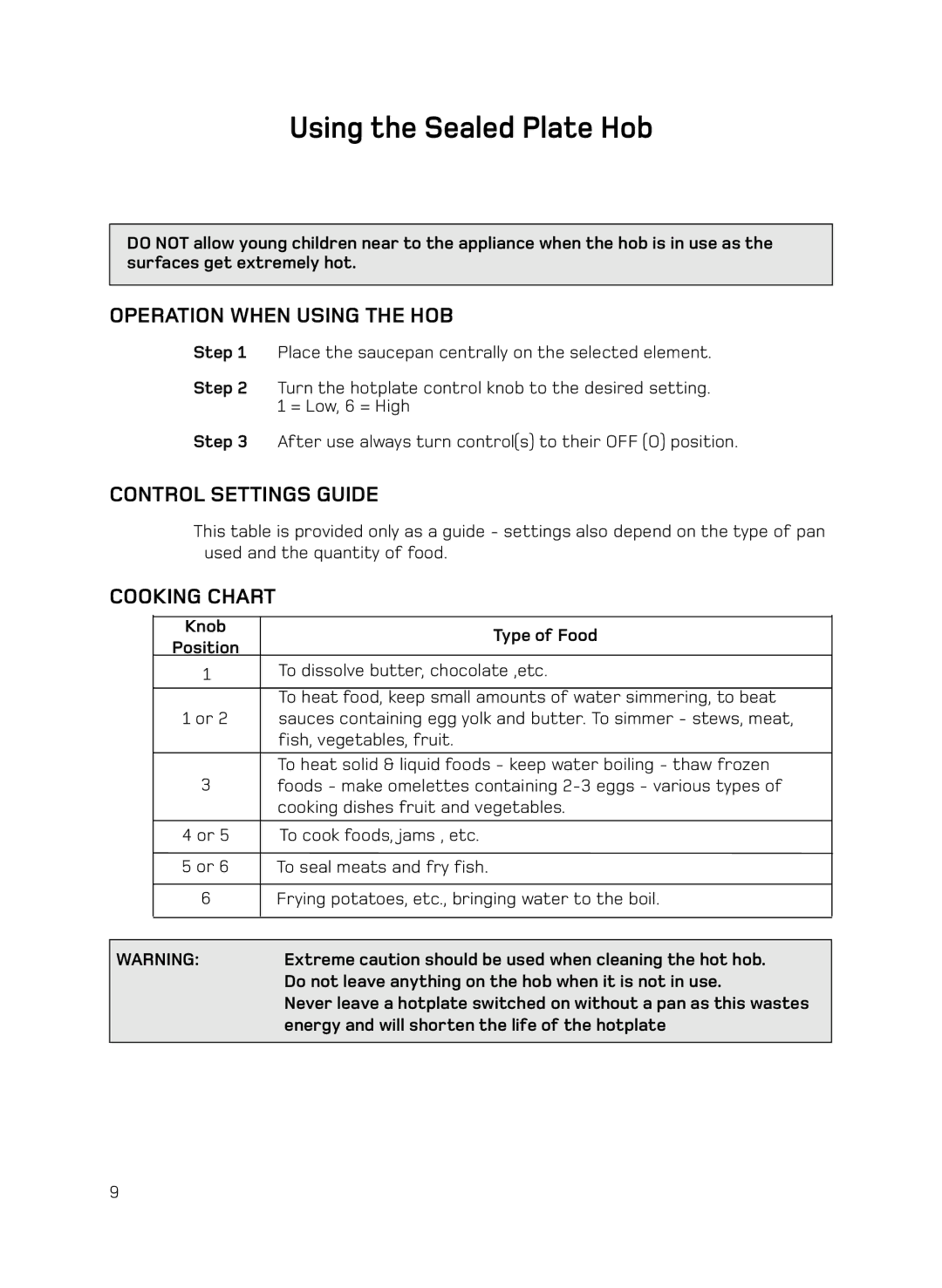 Hotpoint H050E manual Using the Sealed Plate Hob, Operation When Using the HOB, Control Settings Guide, Cooking Chart 