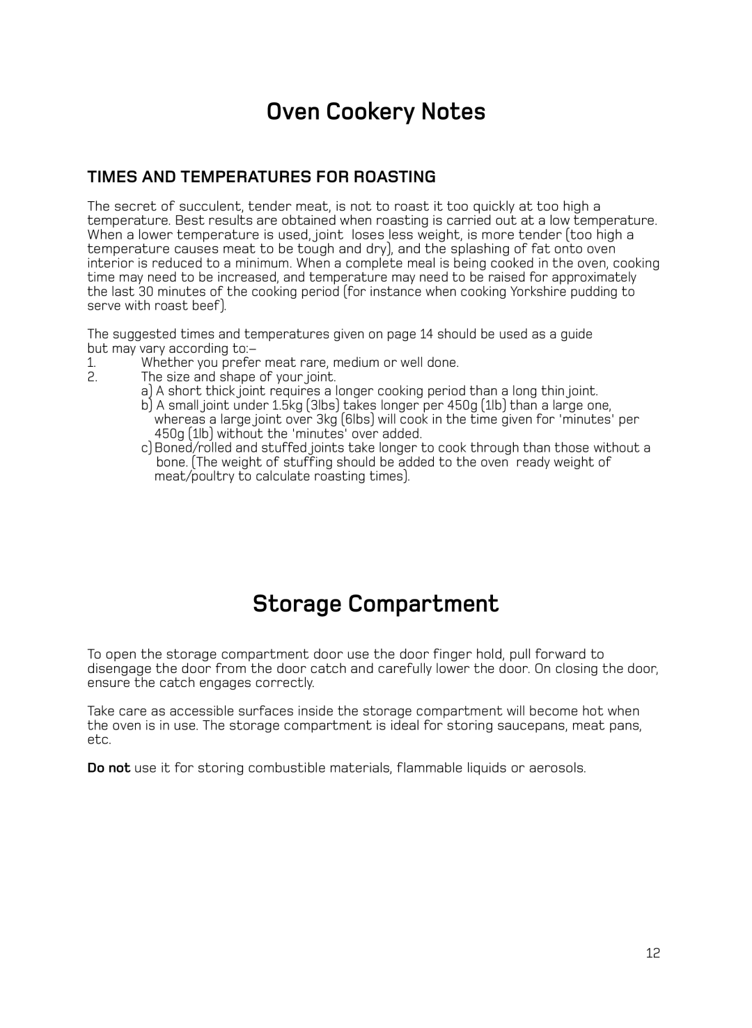 Hotpoint H050E manual Storage Compartment, Times and Temperatures for Roasting 