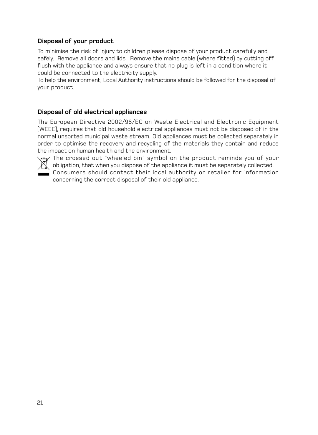 Hotpoint H050E manual Disposal of your product, Disposal of old electrical appliances 