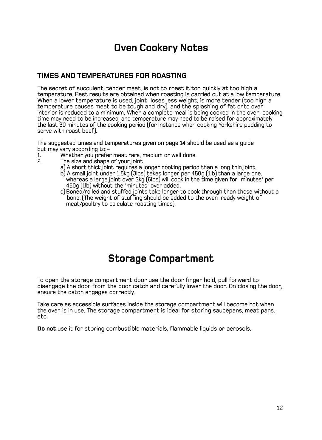 Hotpoint H050E manual Storage Compartment, Oven Cookery Notes, Times And Temperatures For Roasting 