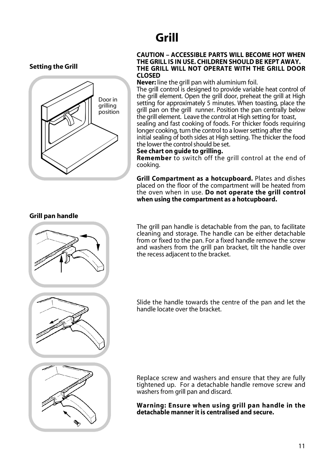 Hotpoint H150E manual Setting the Grill, Grill pan handle, See chart on guide to grilling 