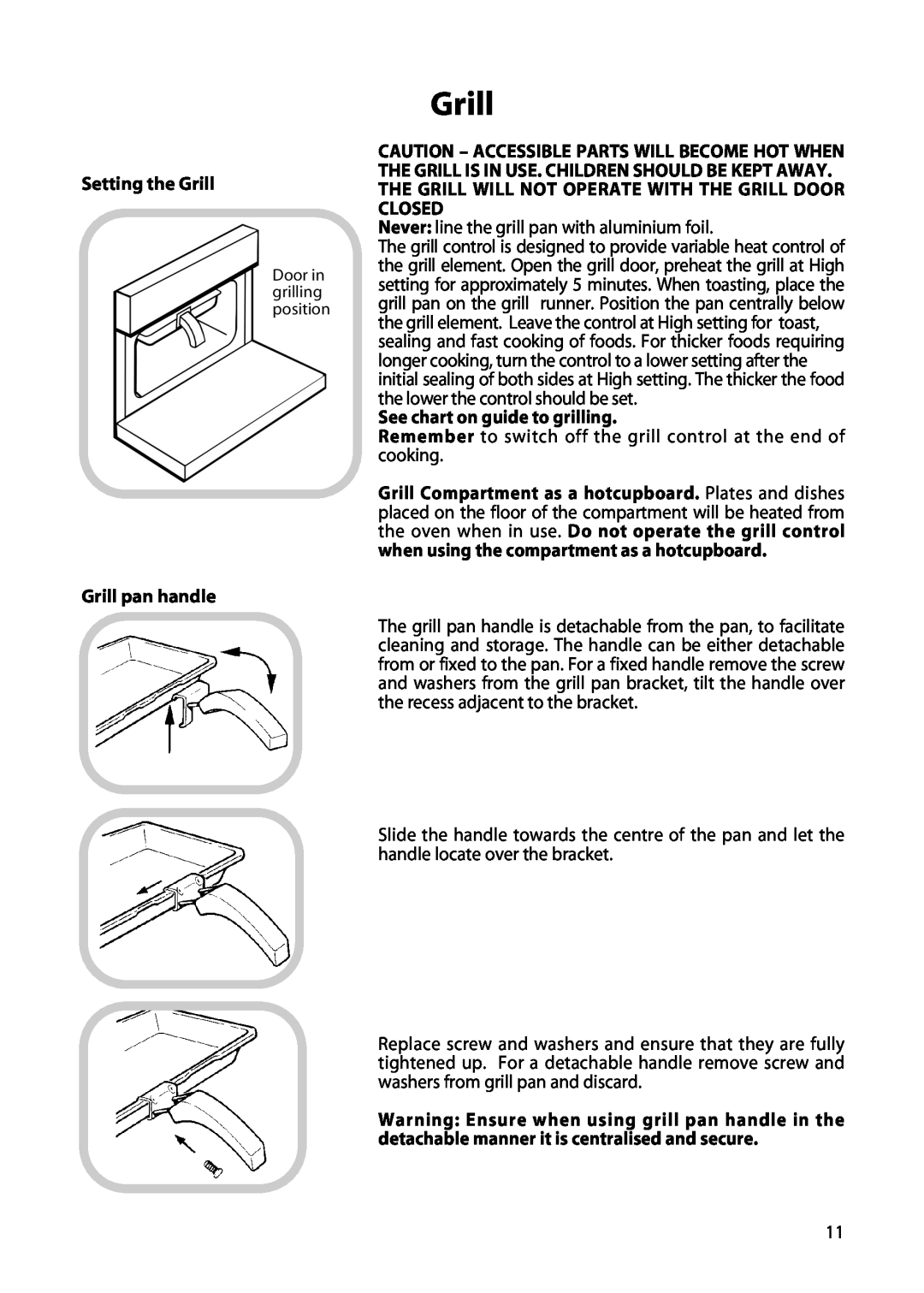 Hotpoint H150E manual Setting the Grill, Grill pan handle, See chart on guide to grilling 