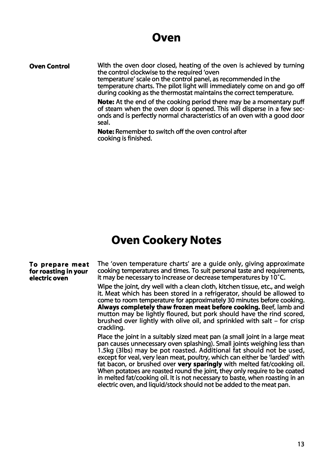 Hotpoint H150E manual Oven Cookery Notes, Oven Control, To prepare meat for roasting in your electric oven 