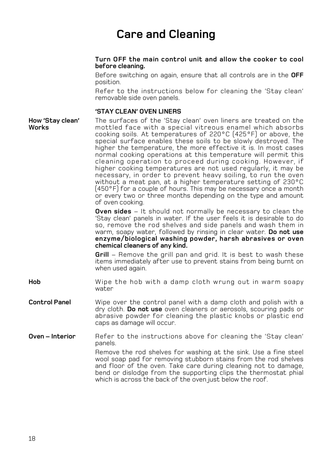 Hotpoint H151EWH manual Care and Cleaning, ‘STAY CLEAN’ Oven Liners 