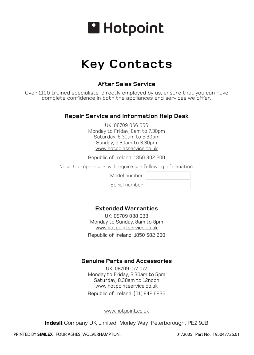 Hotpoint H151EWH manual Key Contacts 