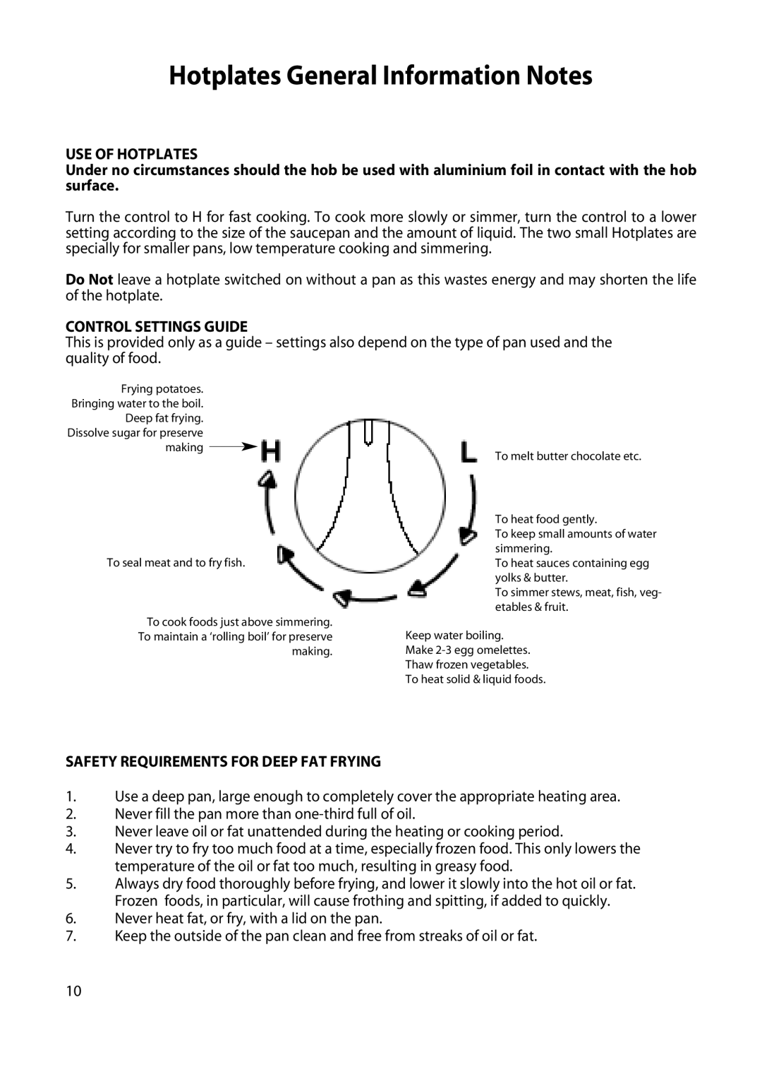 Hotpoint H250E manual Hotplates General Information Notes, USE of Hotplates, Control Settings Guide 