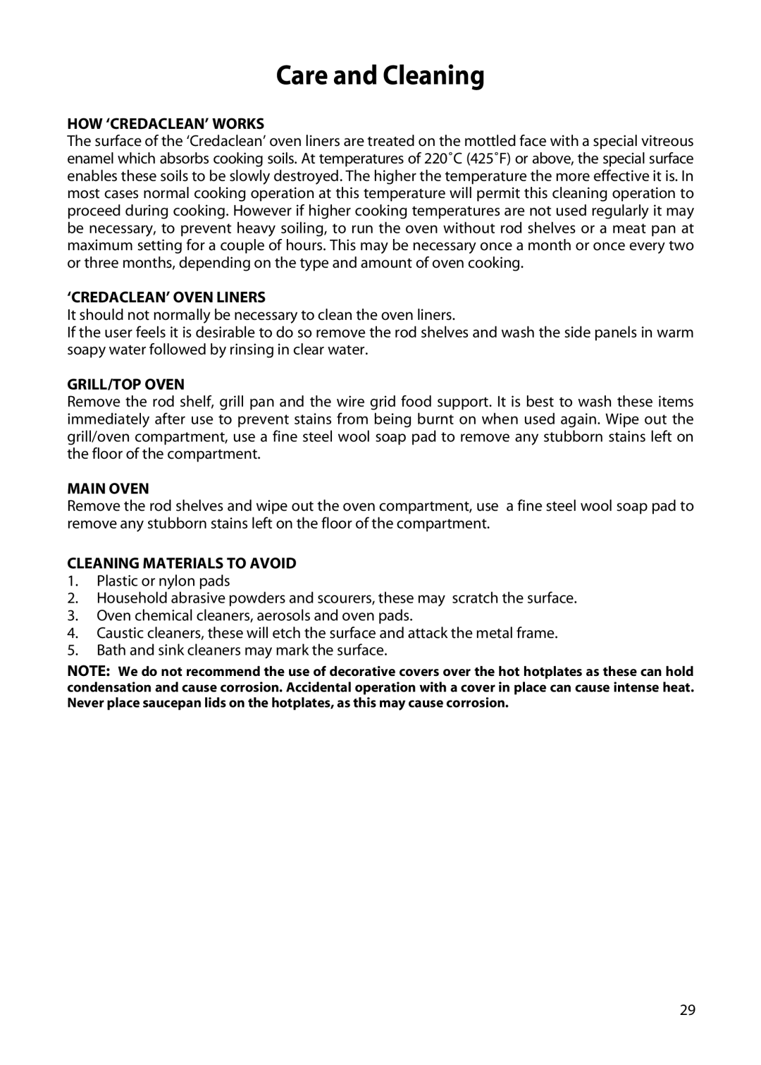 Hotpoint H250E HOW ‘CREDACLEAN’ Works, ‘CREDACLEAN’ Oven Liners, GRILL/TOP Oven, Main Oven, Cleaning Materials to Avoid 