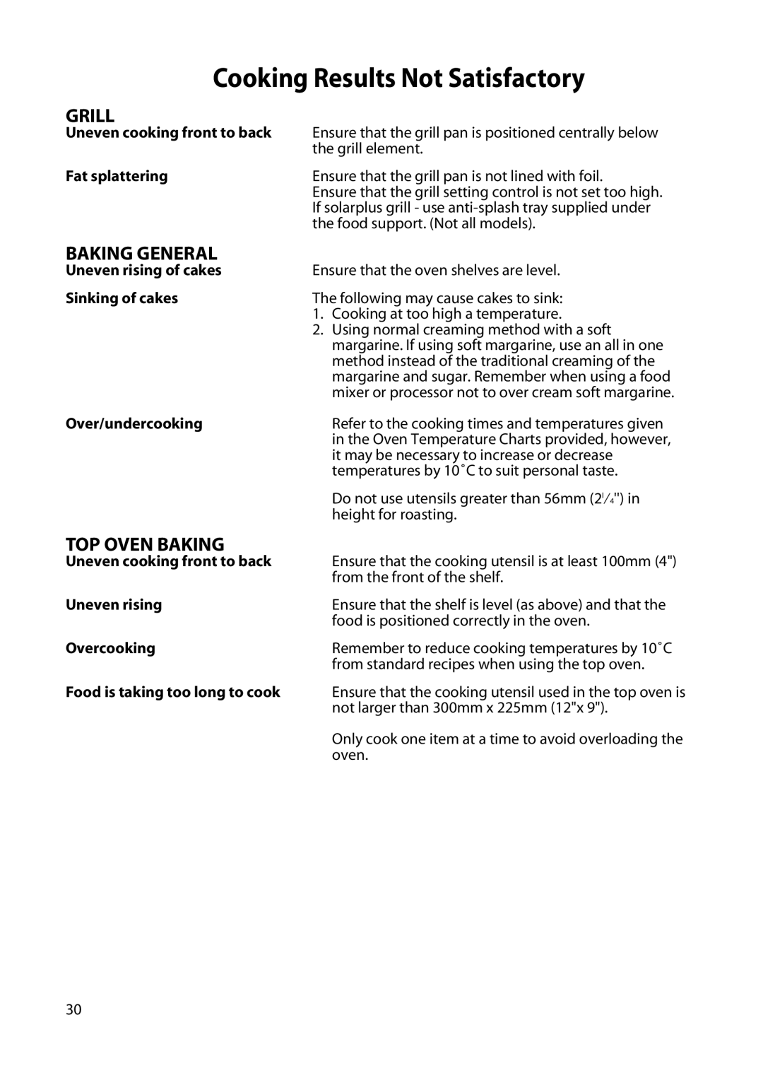 Hotpoint H250E manual Cooking Results Not Satisfactory, Grill, Baking General, TOP Oven Baking 