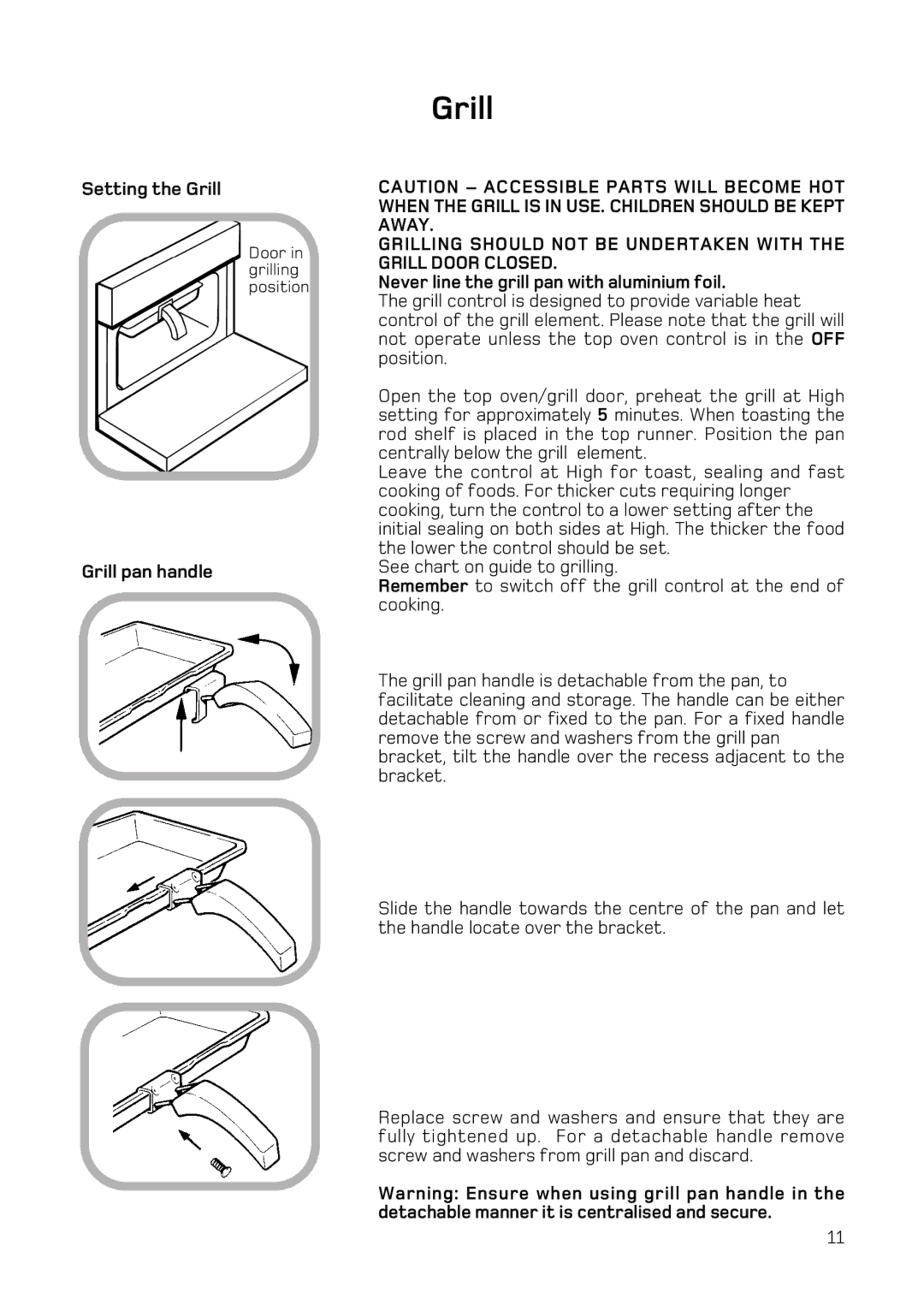 Hotpoint H251EWH manual Setting the Grill, Grill pan handle, Never line the grill pan with aluminium foil 