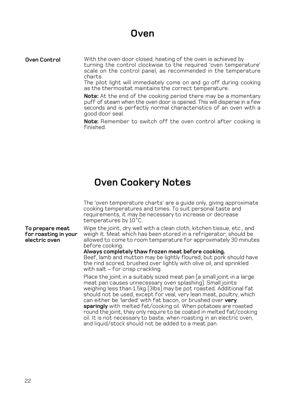 Hotpoint H251EWH manual Oven Cookery Notes, Oven Control, To prepare meat for roasting in your electric oven 