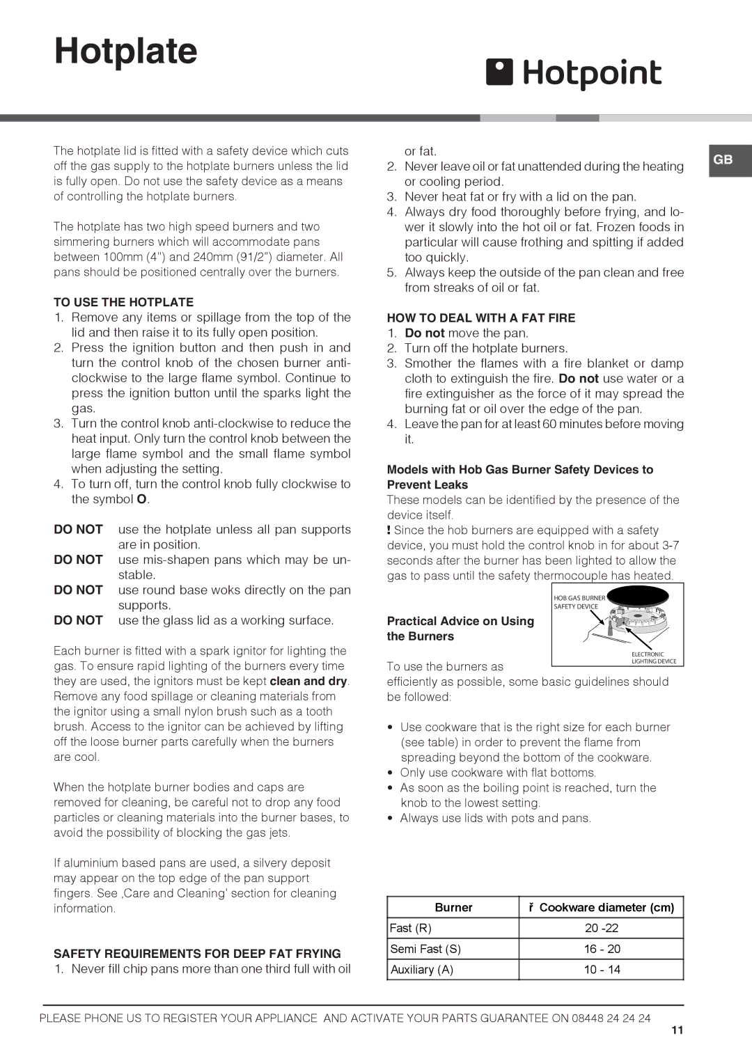 Hotpoint 50cm Gas Cooker, HAGL 51 P, HAGL 51 K Hotplate, Models with Hob Gas Burner Safety Devices to Prevent Leaks 