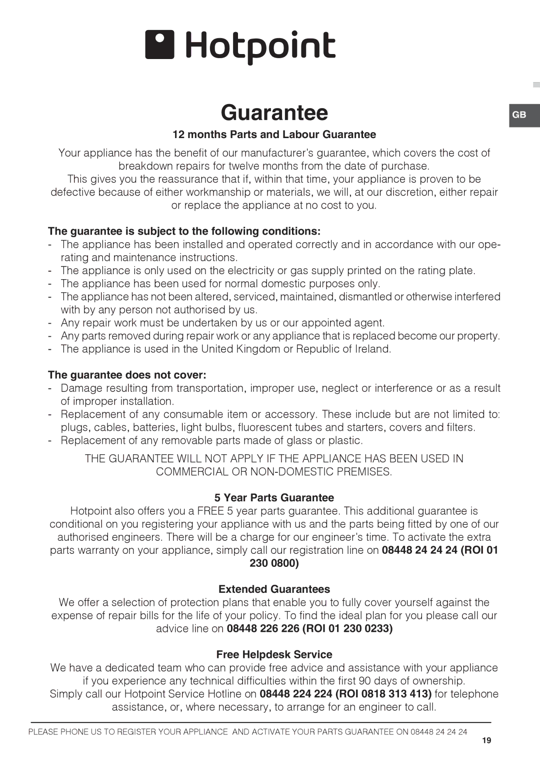 Hotpoint HAGL 51 K, HAGL 51 P, 50cm Gas Cooker installation instructions GuaranteeGB 