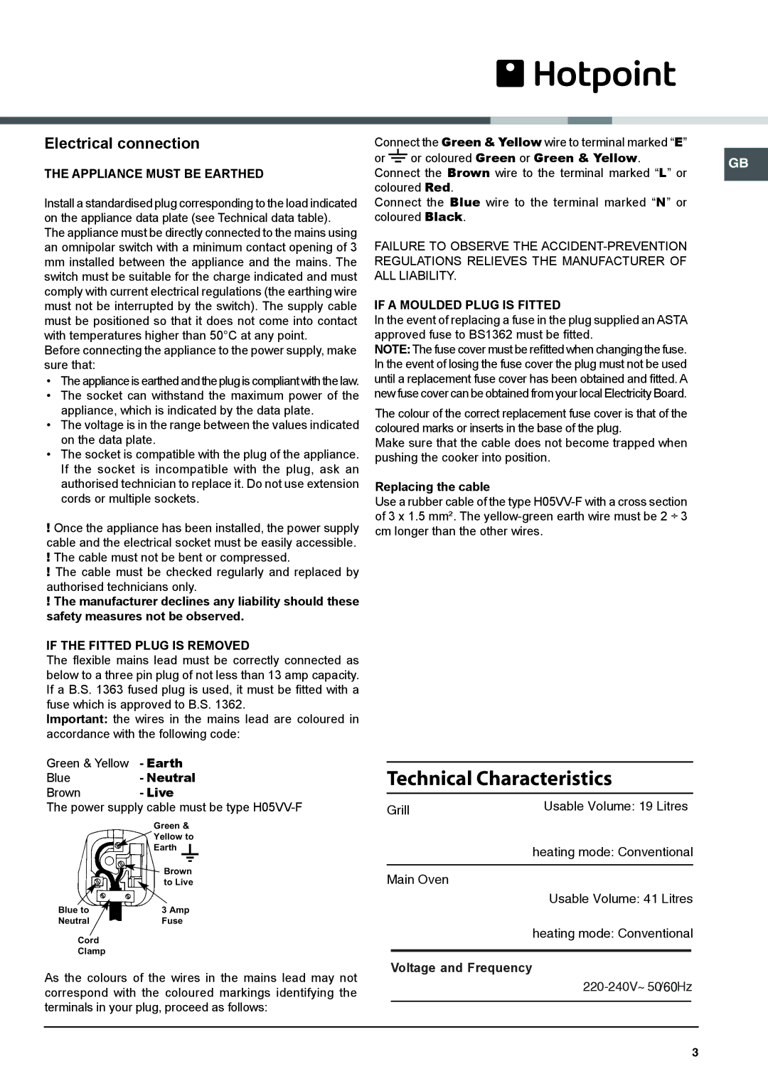 Hotpoint HAGL 51 P, HAGL 51 K, 50cm Gas Cooker installation instructions Technical Characteristics 