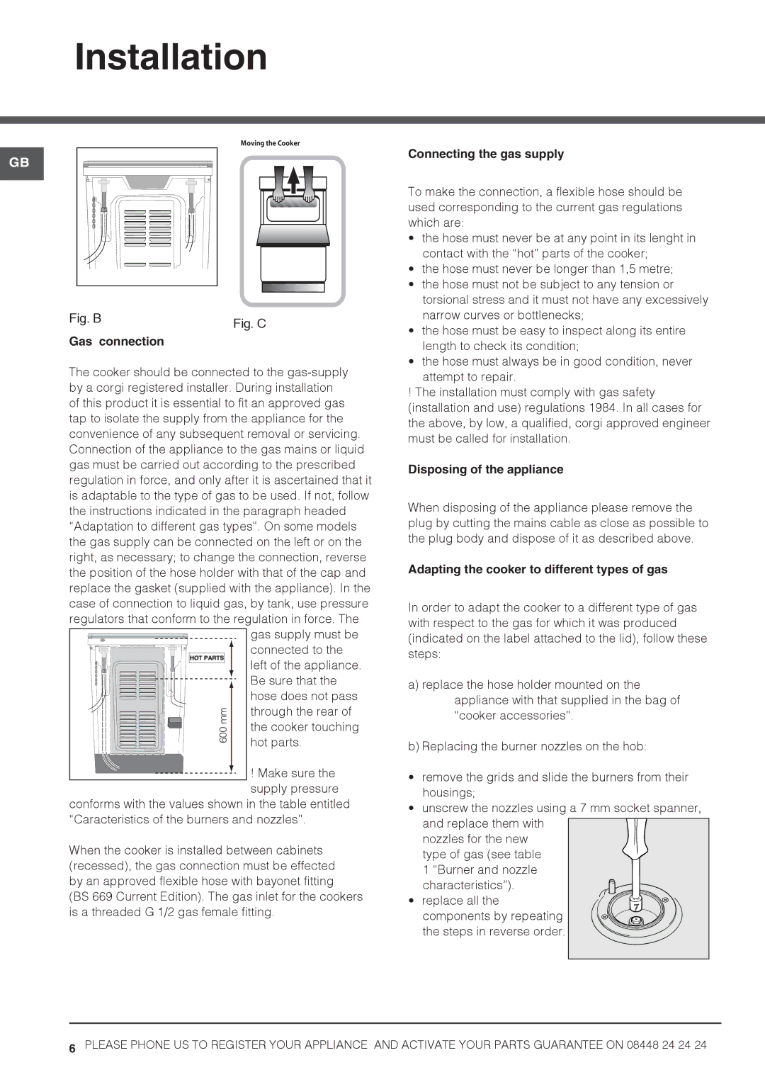 Hotpoint HAGL 51 P, HAGL 51 K, 50cm Gas Cooker Gas connection, Connecting the gas supply, Disposing of the appliance 