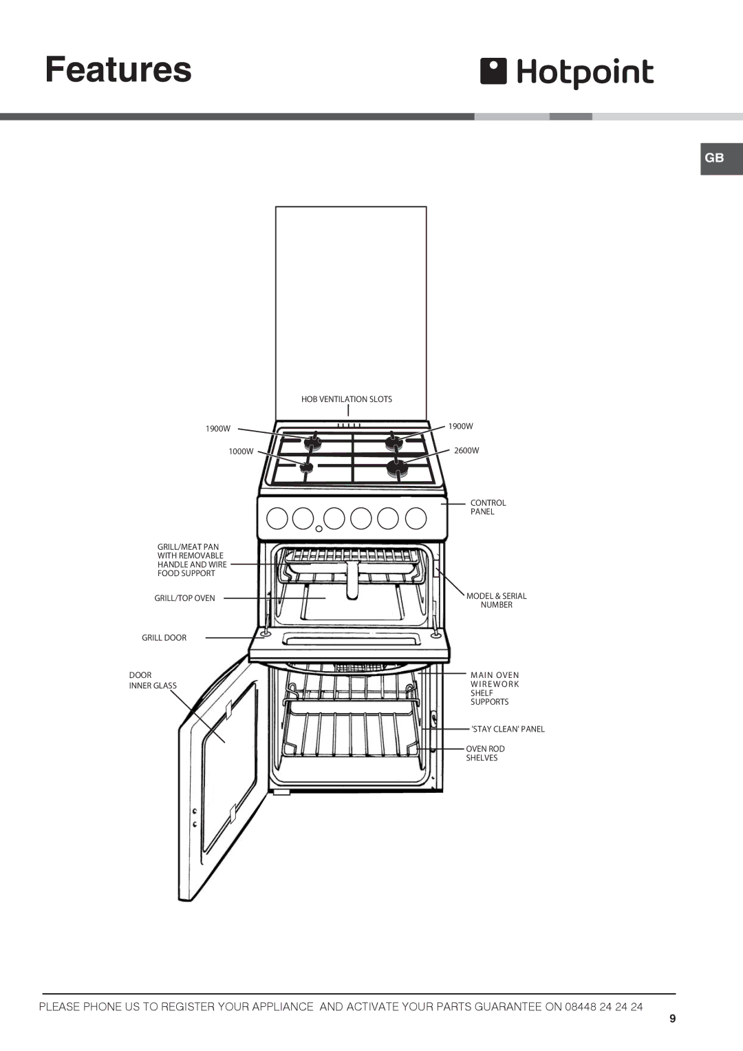 Hotpoint HAGL 51 P, HAGL 51 K, 50cm Gas Cooker installation instructions Features 