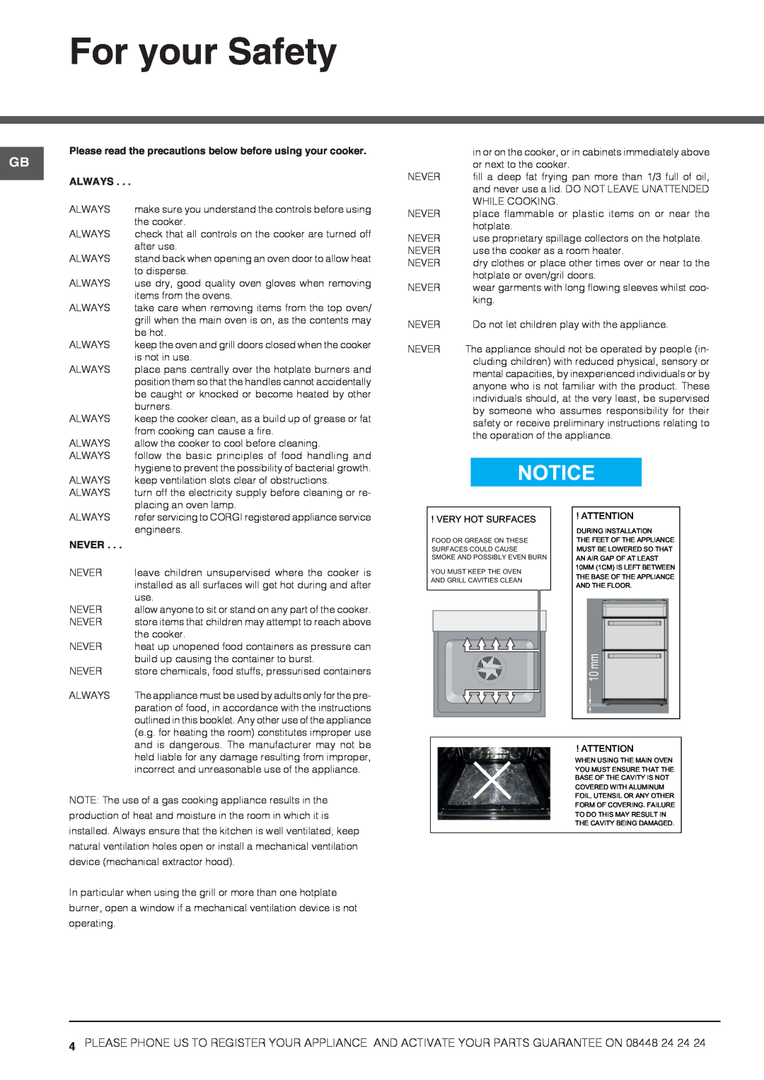 Hotpoint HAGL 51 K, HAGL 51 P, 50cm Gas Cooker installation instructions For your Safety, Always, Never 