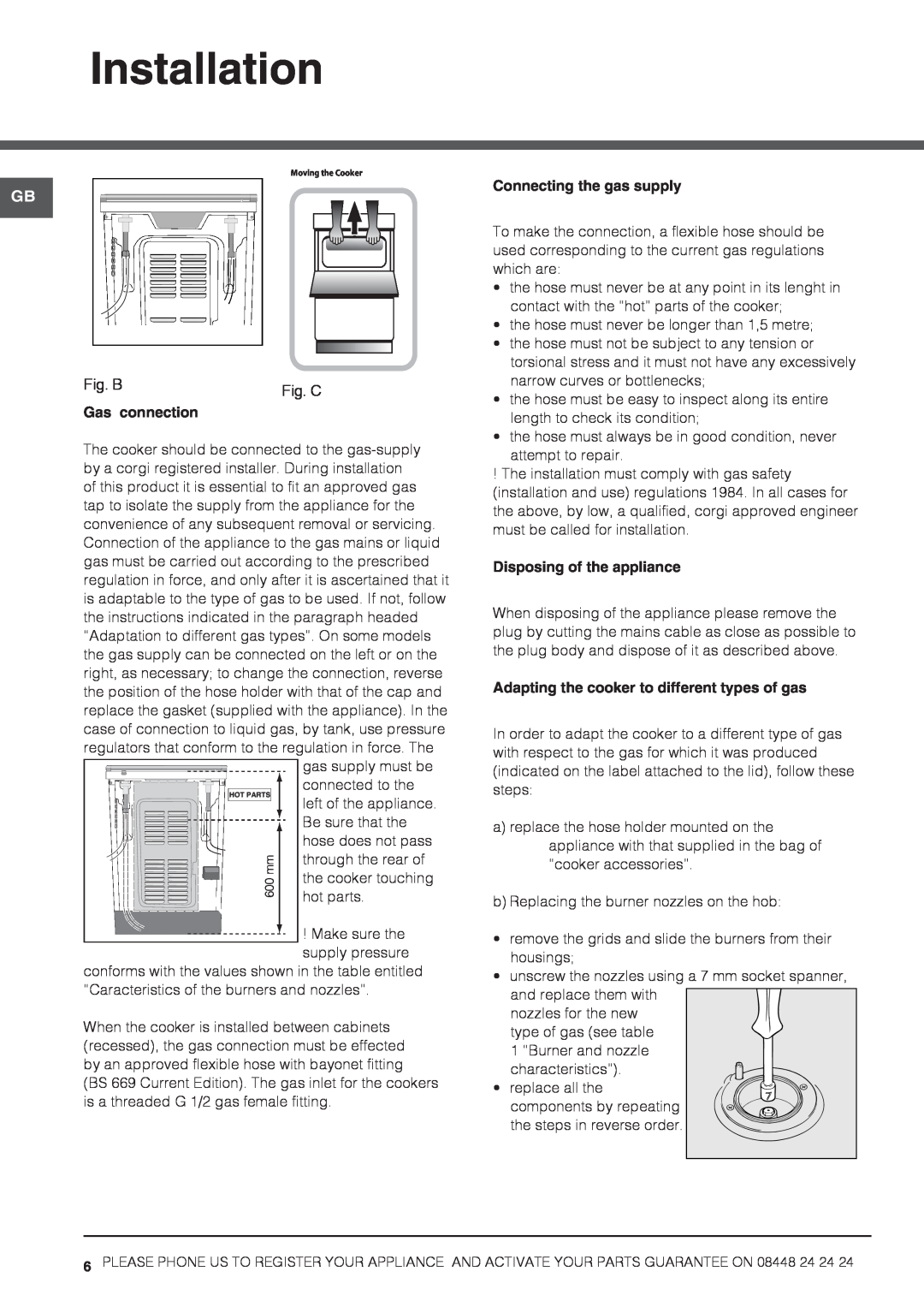 Hotpoint HAGL 51 P, HAGL 51 K Installation, Fig. B, Gas connection, Connecting the gas supply, Disposing of the appliance 