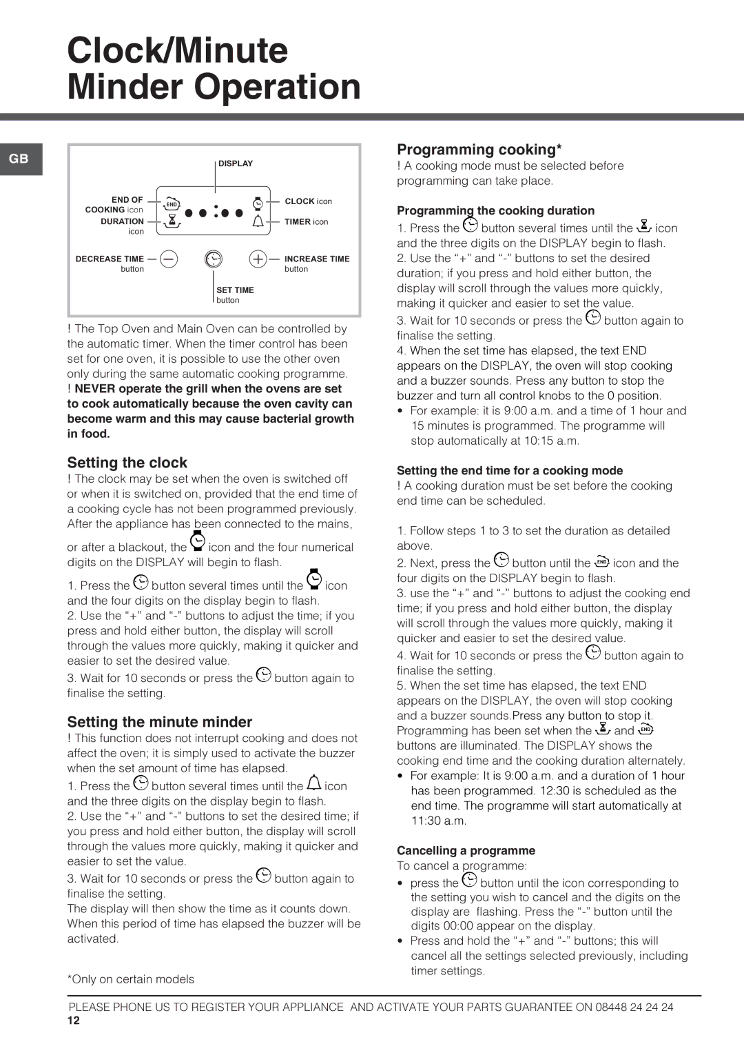 Hotpoint HAGL60P, HAGL60K Clock/Minute Minder Operation, Setting the clock, Setting the minute minder, Programming cooking 