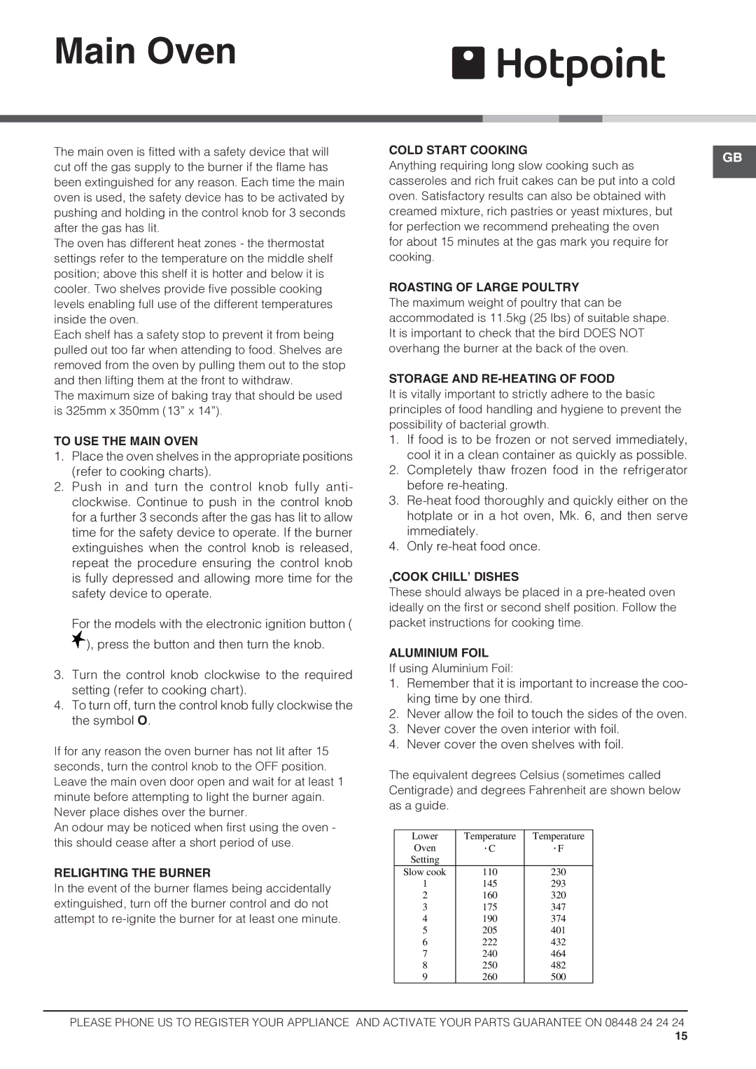 Hotpoint HAGL60K, HAGL60P operating instructions Main Oven 