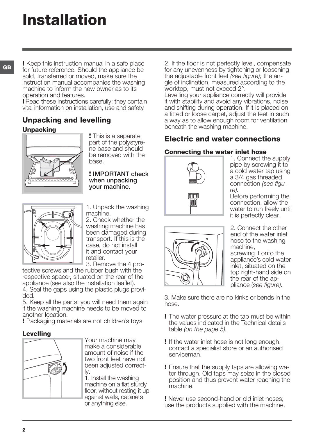 Hotpoint HAULT 943 manual Installation, Unpacking and levelling, Electric and water connections 