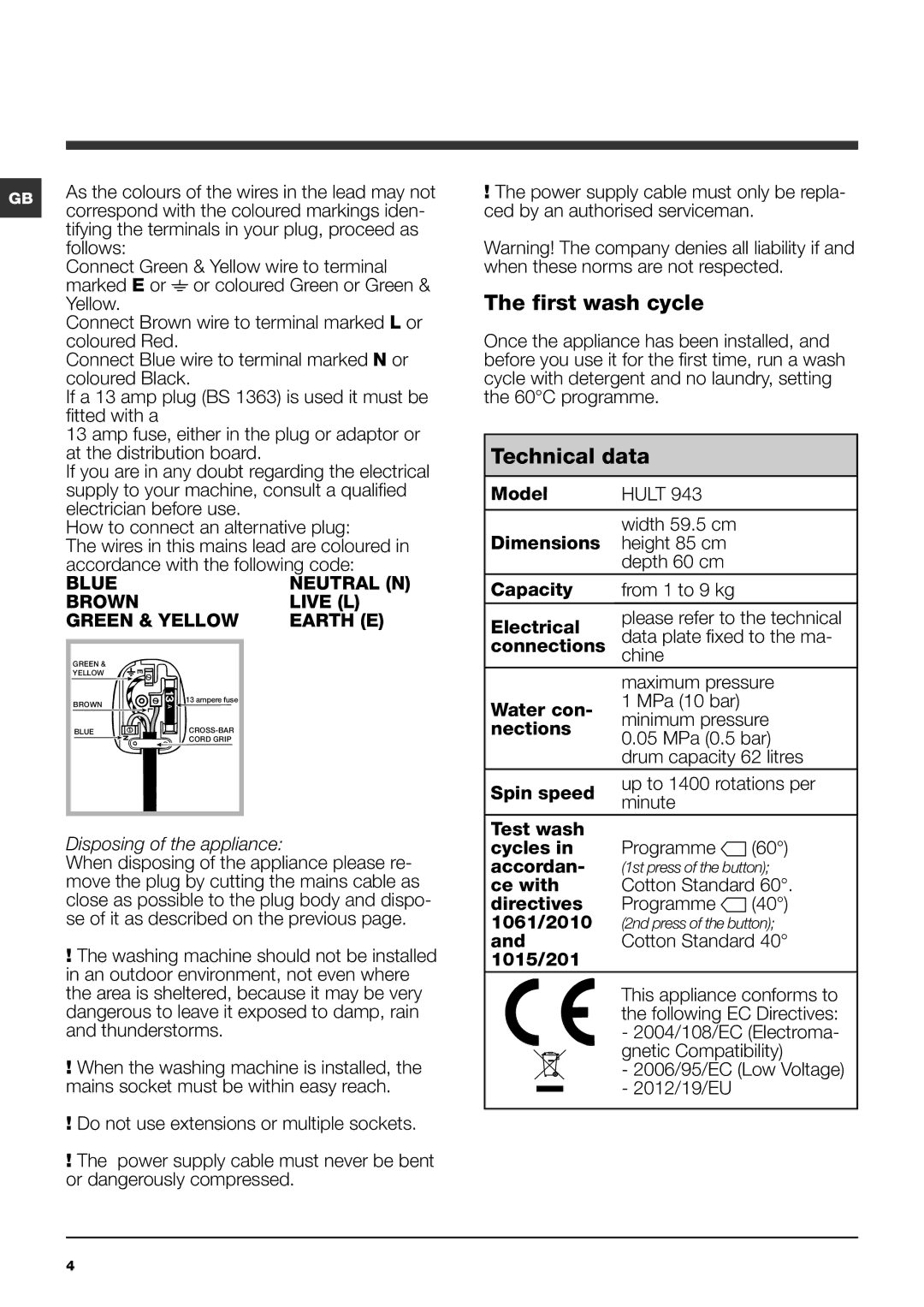 Hotpoint HAULT 943 manual First wash cycle, Technical data, Correspond with the coloured markings iden 