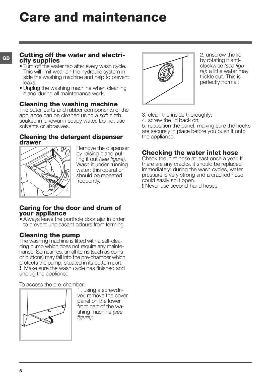 Hotpoint HAULT 943 manual Care and maintenance 