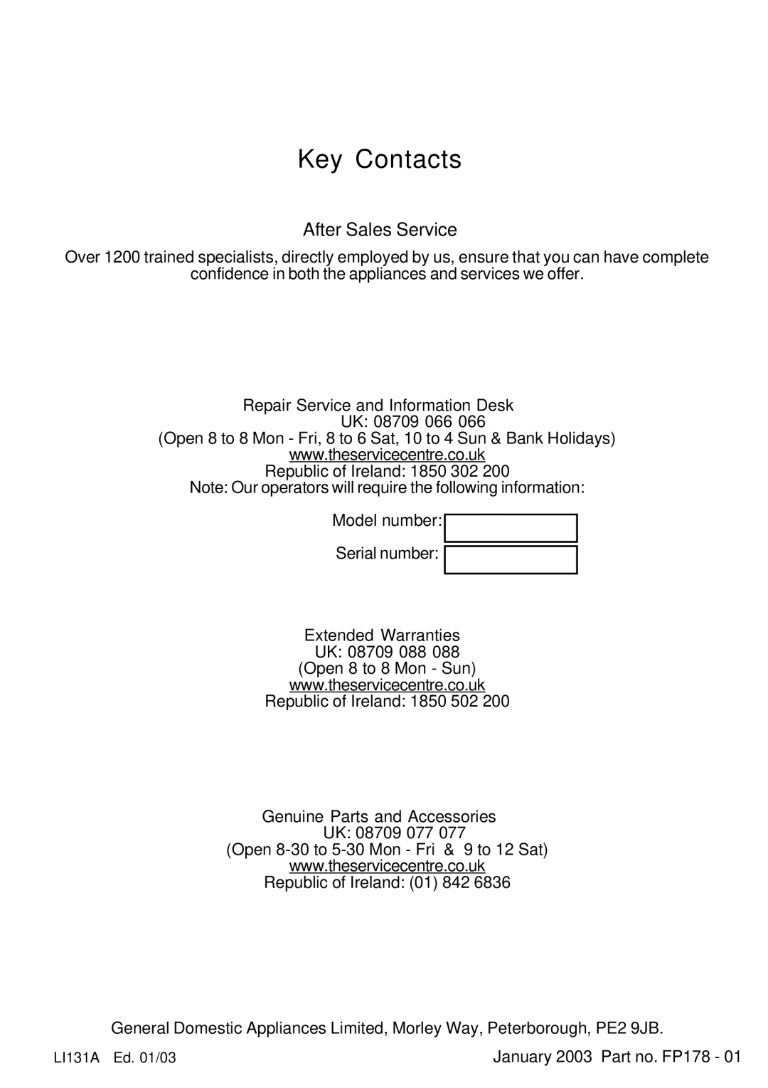 Hotpoint HC9X manual Key Contacts, After Sales Service 