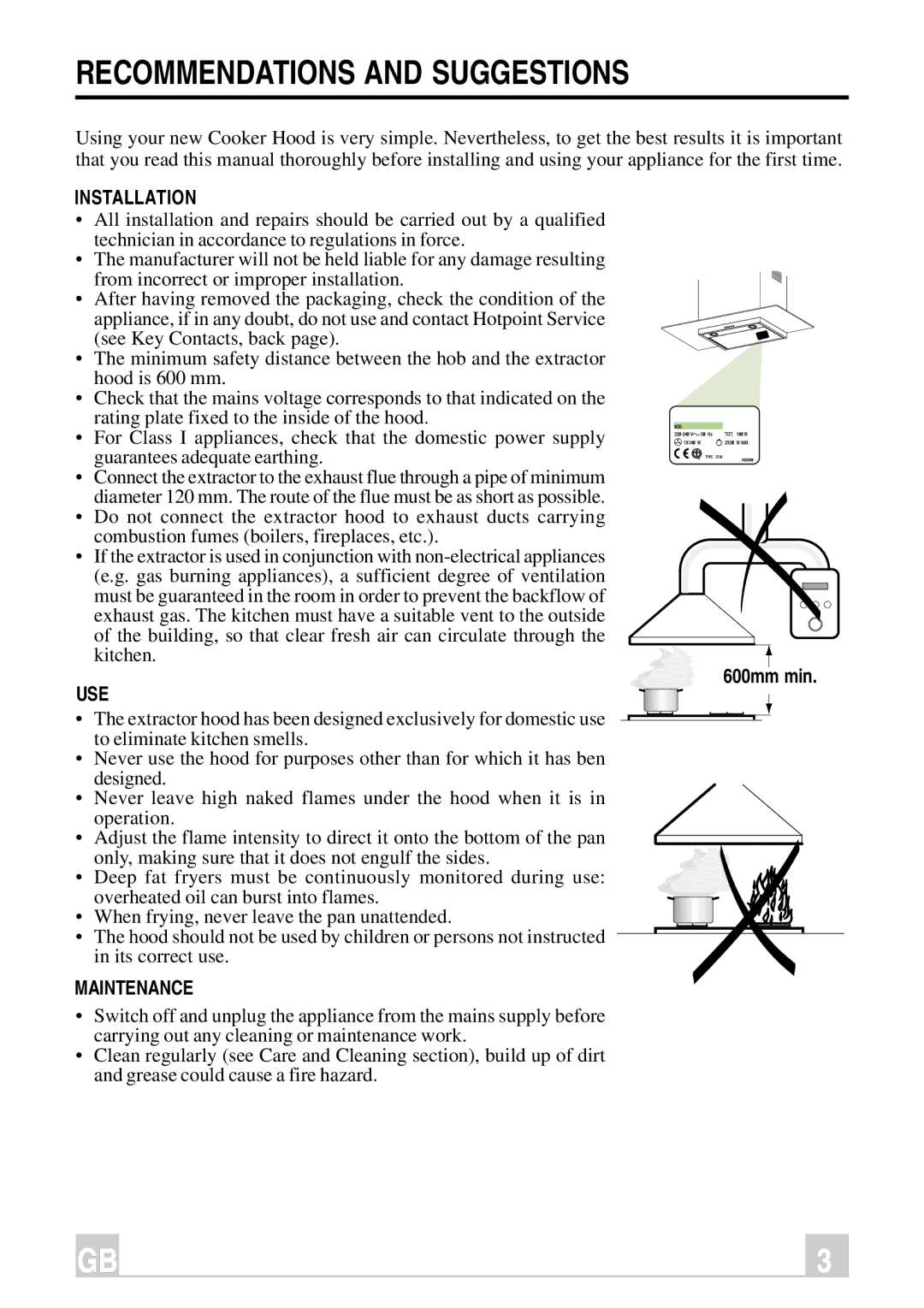 Hotpoint HC9X manual Recommendations and Suggestions, Installation 