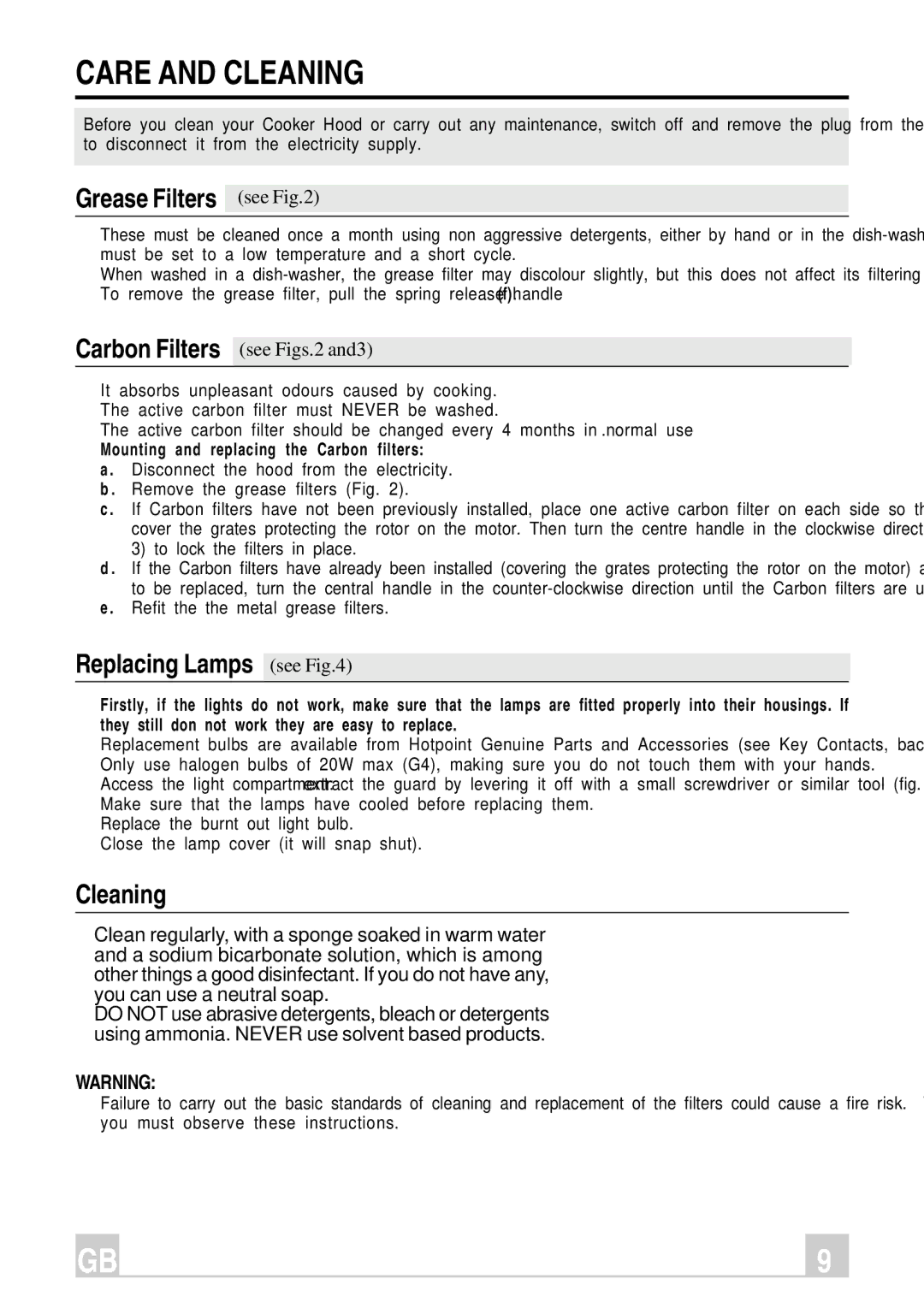 Hotpoint HC9X manual Care and Cleaning, Grease Filters see, Carbon Filters, Replacing Lamps 