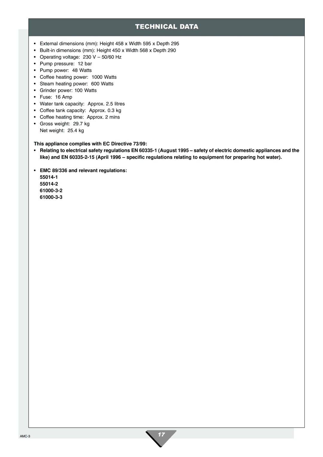 Hotpoint HCM60 manual Technical Data 