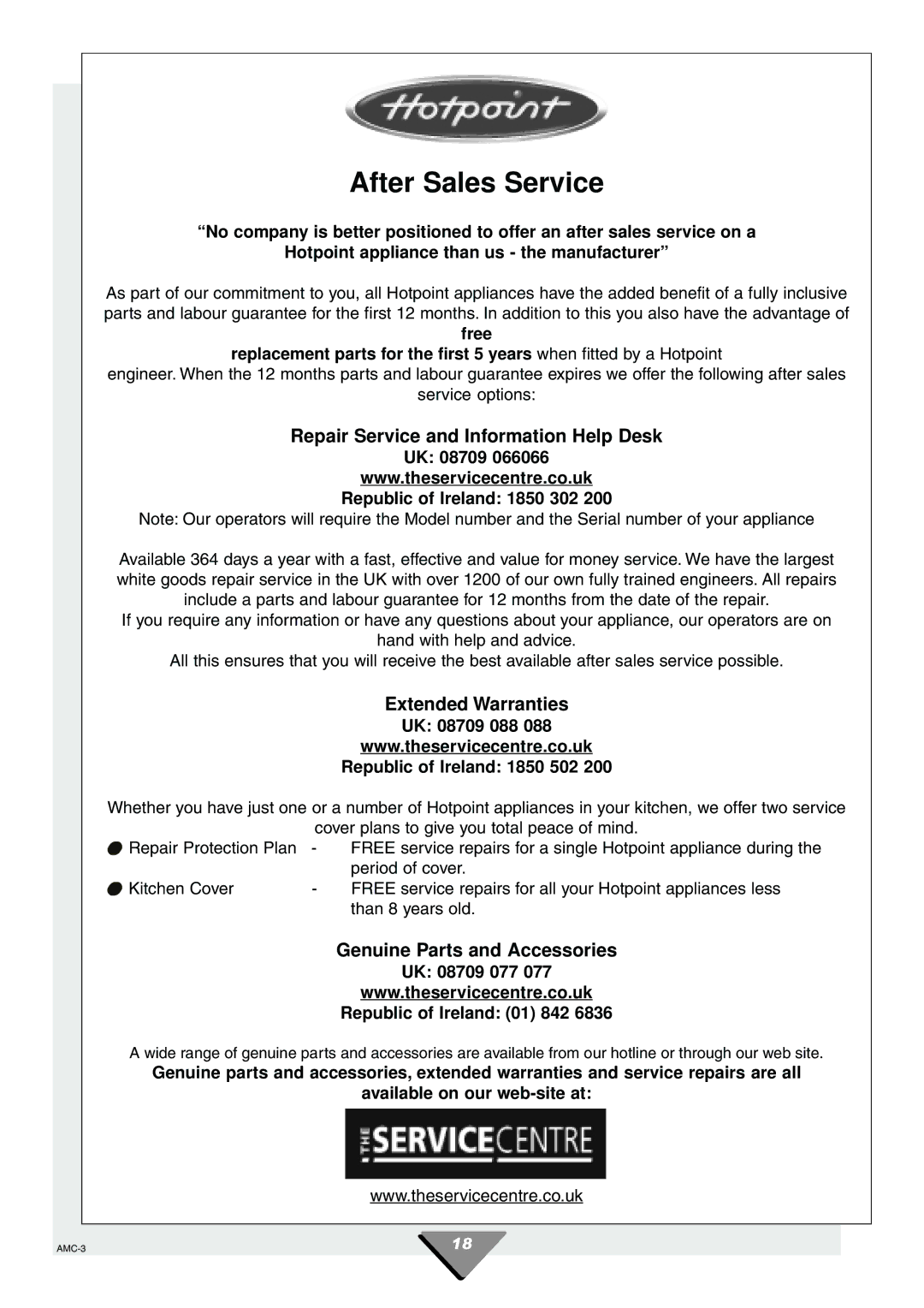 Hotpoint HCM60 manual After Sales Service, Repair Service and Information Help Desk 