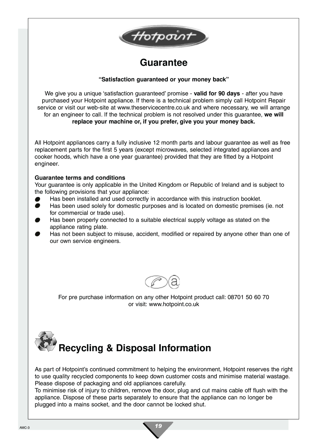 Hotpoint HCM60 manual Guarantee, Recycling & Disposal Information 