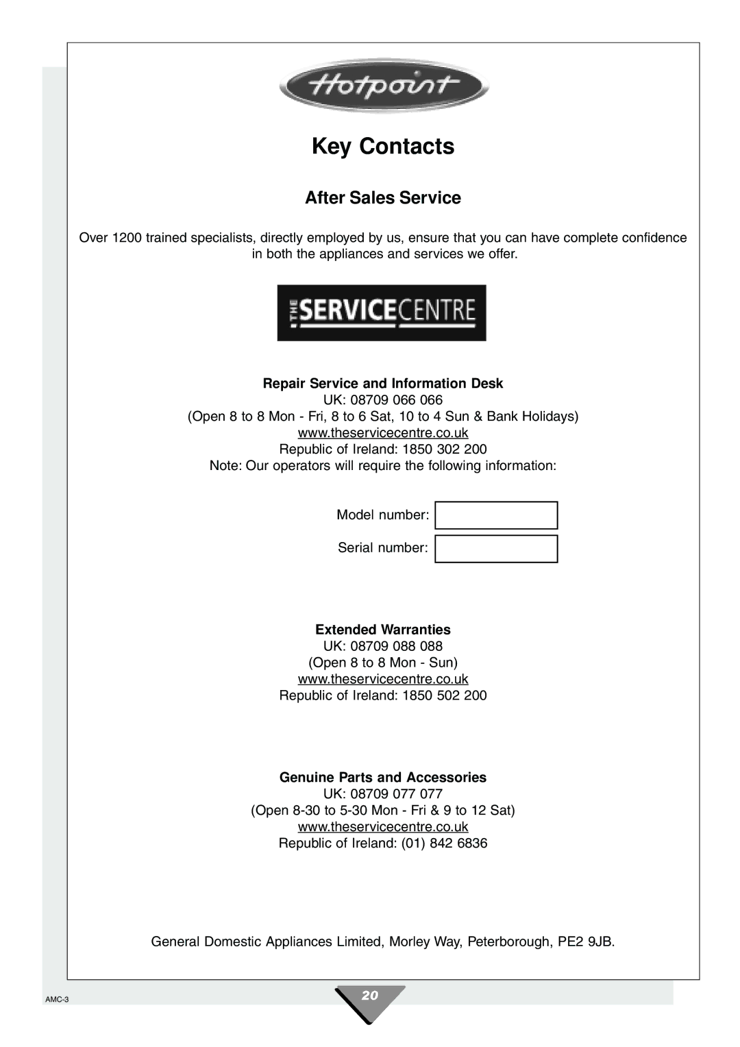 Hotpoint HCM60 manual Key Contacts, After Sales Service 