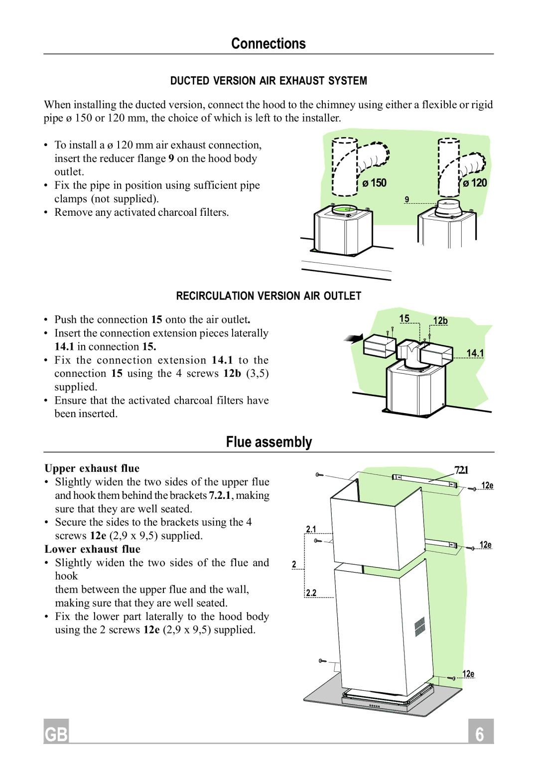 Hotpoint HD90X manual Connections, Flue assembly, Ducted Version AIR Exhaust System, Recirculation Version AIR Outlet 