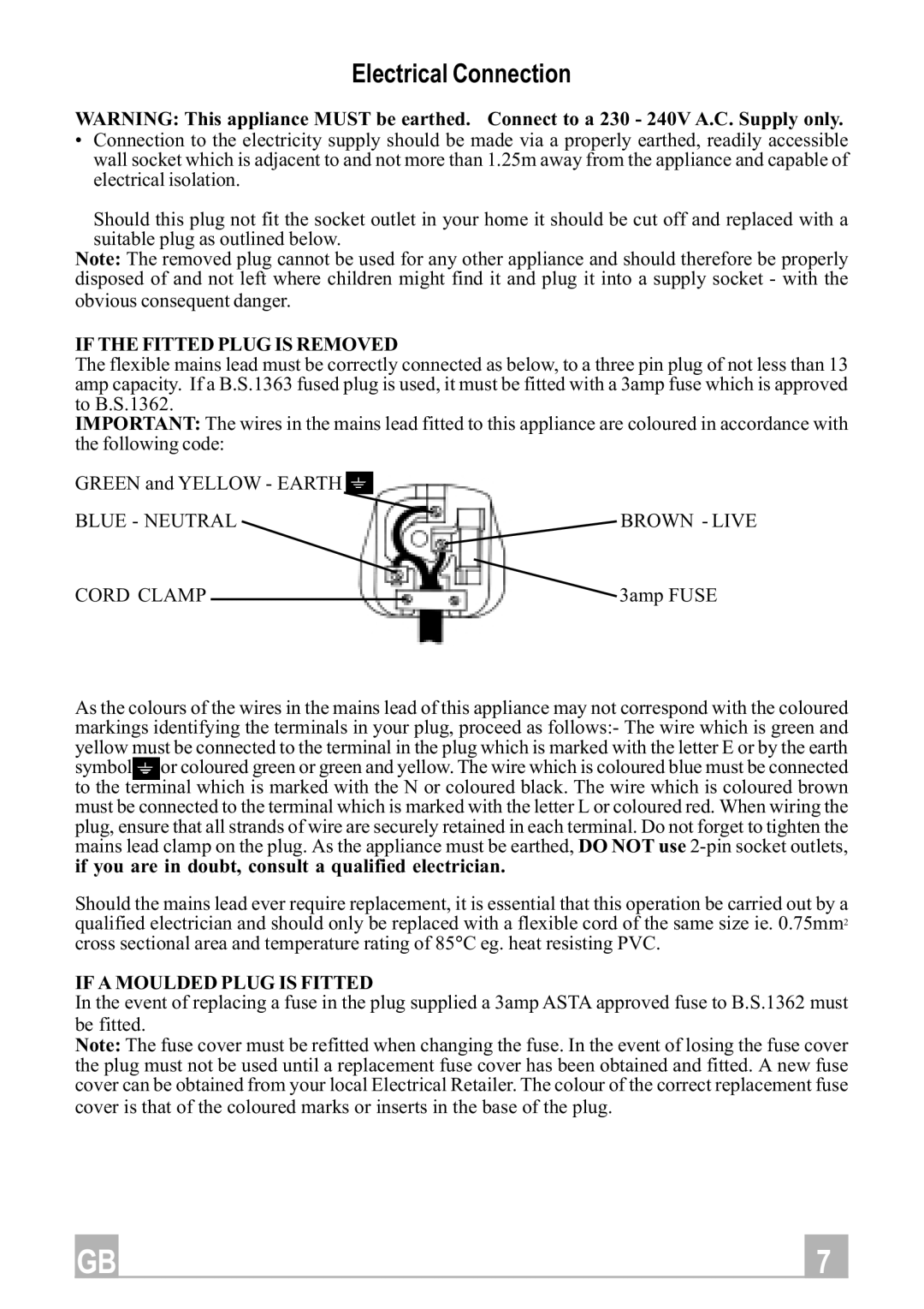 Hotpoint HD90X manual Electrical Connection, If the Fitted Plug is Removed 