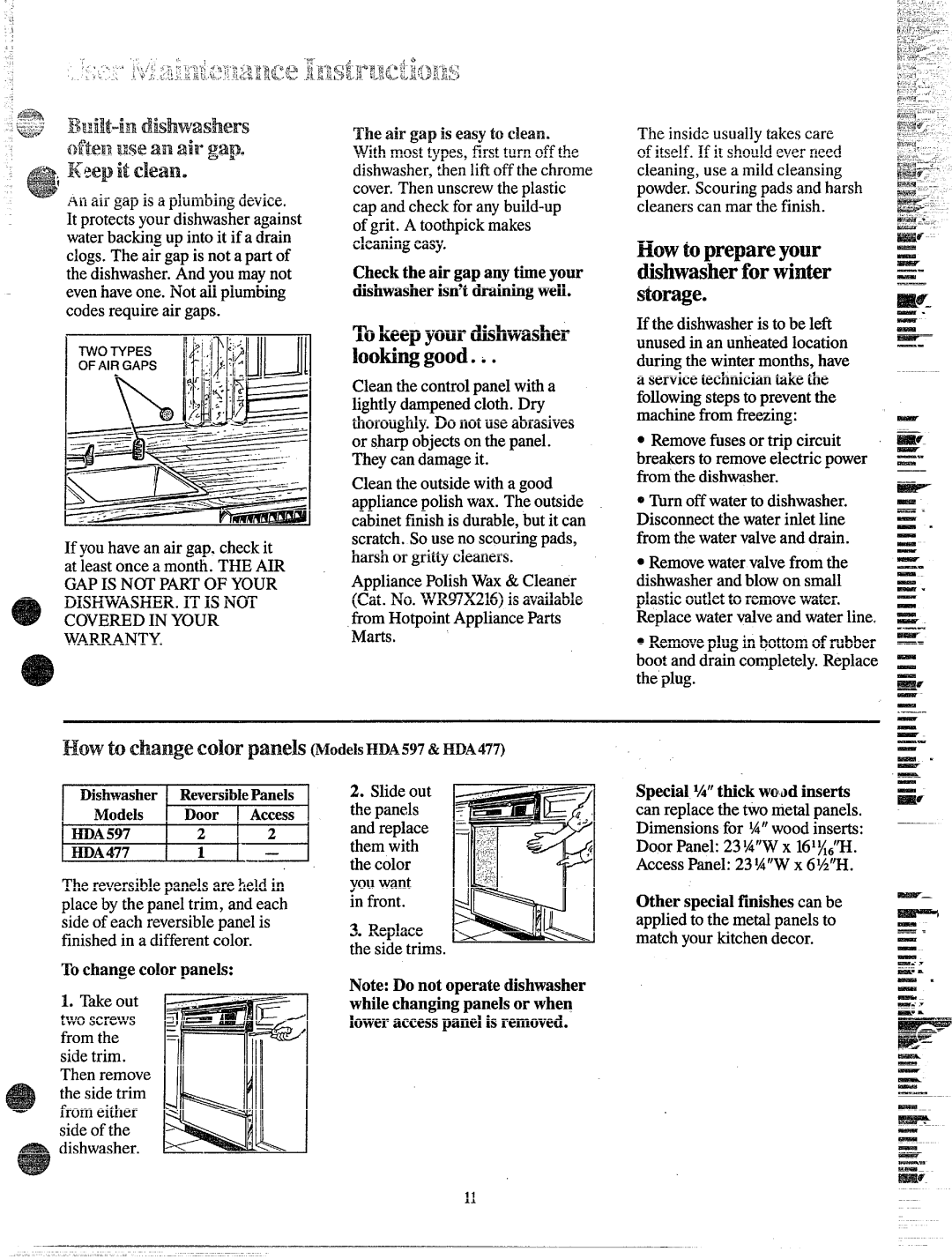 Hotpoint HDA 477 Check theairgapanytimeyour dishwasherisn’tdrainingwell, Tochangecolorpanels, SpeciallAthickwaledinserfi 