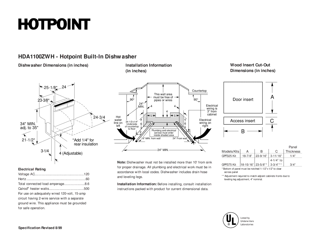 Hotpoint dimensions HDA1100ZWH Hotpoint Built-In Dishwasher, Dishwasher Dimensions in inches Installation Information 