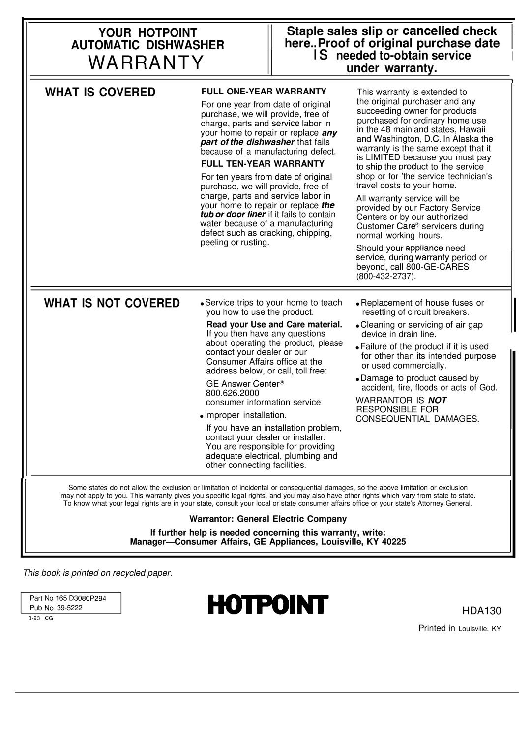 Hotpoint HDA130S warranty Warranty 