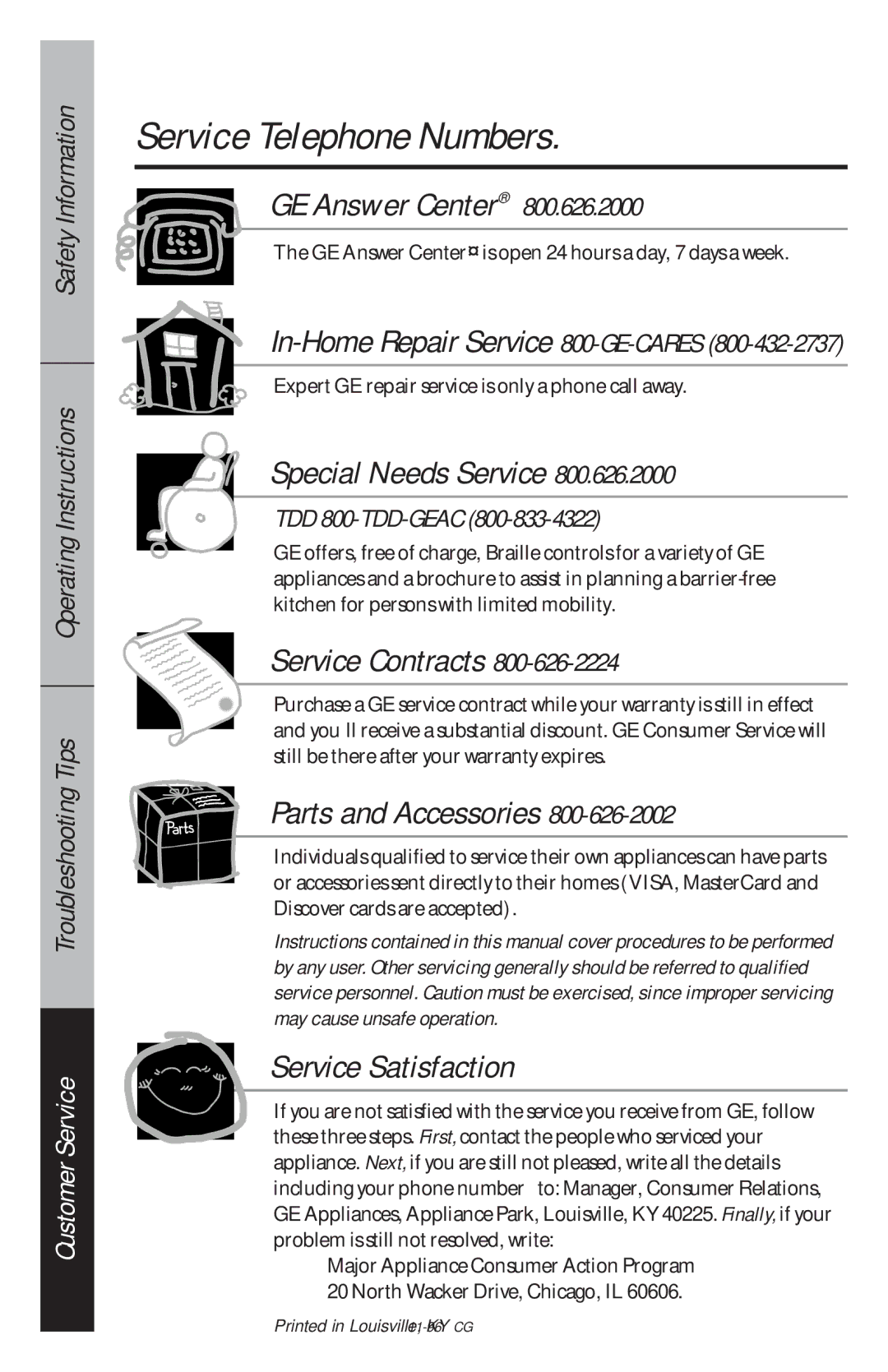 Hotpoint HDA105, HDA150, HDA180, HDA200 Service Telephone Numbers, In-Home Repair Service 800-GE-CARES, TDD 800-TDD-GEAC 