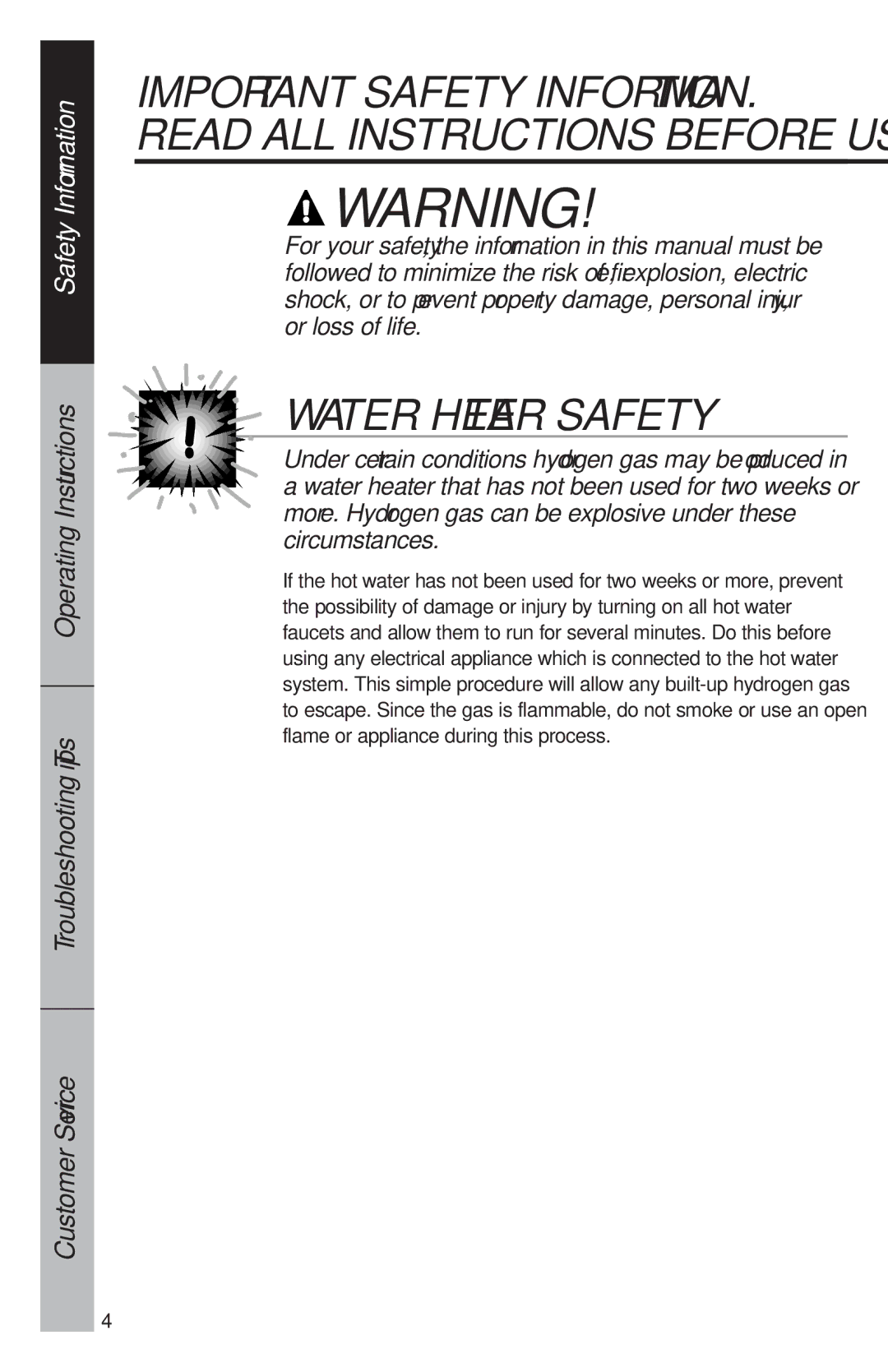 Hotpoint HDA100, HDA150, HDA105, HDA180, HDA200, HDA300, HDA330, HDA900, HDA930 owner manual Water Heater Safety 