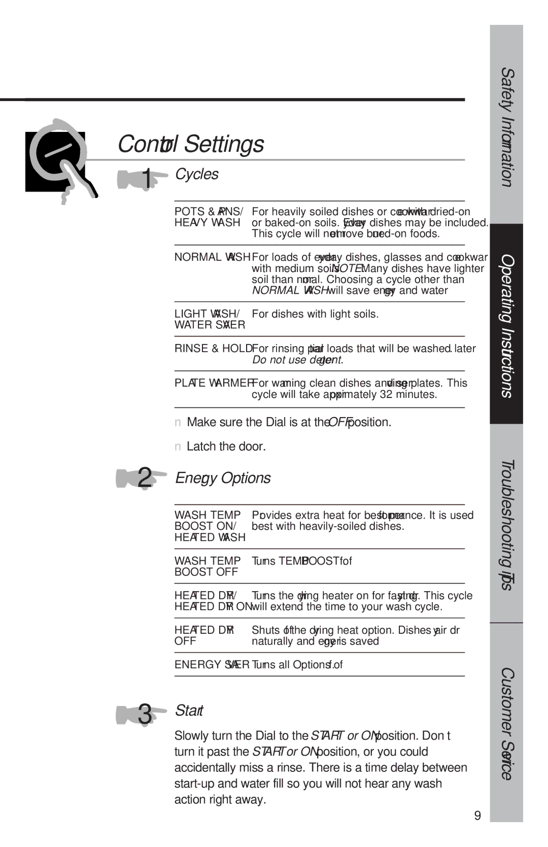 Hotpoint HDA150, HDA105, HDA180, HDA200, HDA100, HDA300, HDA330, HDA900, HDA930 owner manual Control Settings, Cycles, Start 