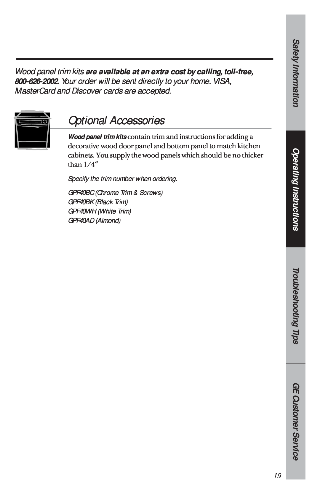 Hotpoint HDA105 Optional Accessories, GE Customer Service, Specify the trim number when ordering, Safety Information 