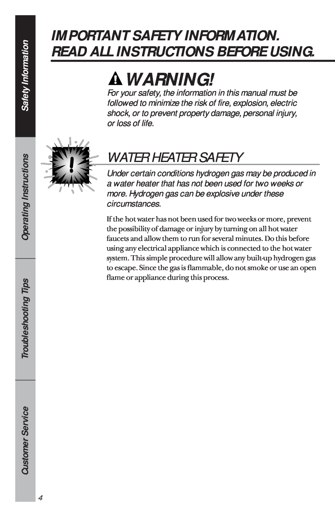Hotpoint HDA100 Water Heater Safety, Safety Information, Operating Instructions Troubleshooting Tips, Customer Service 