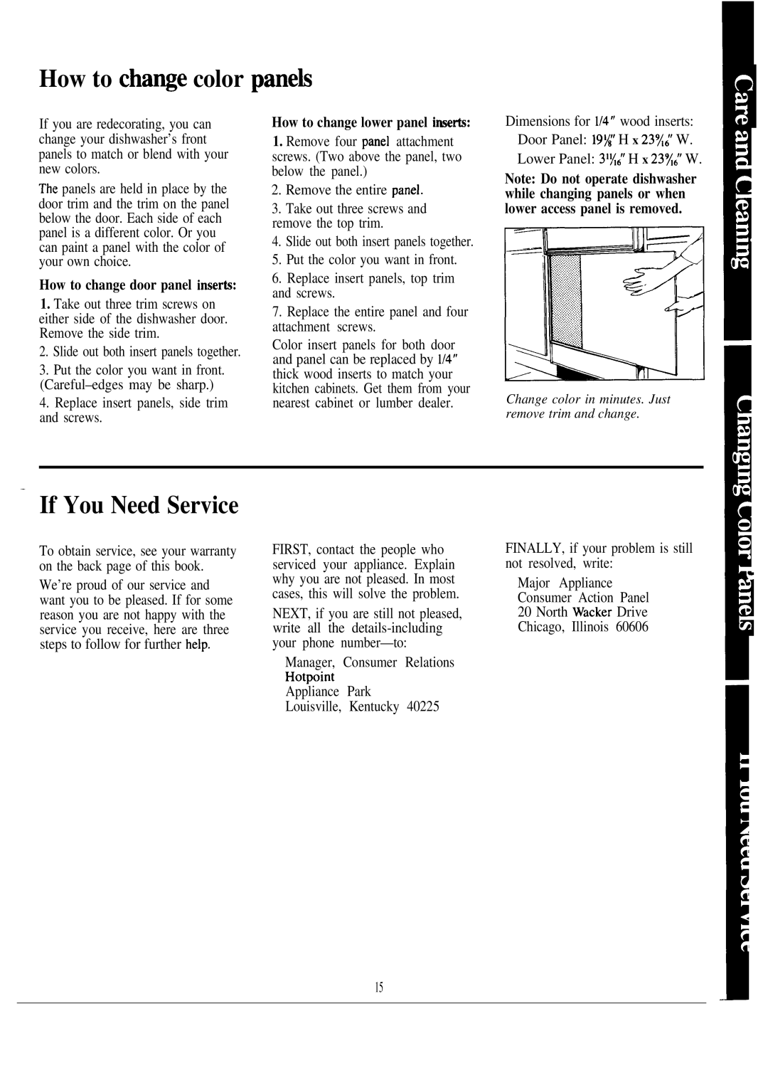 Hotpoint HDA1OOOK manual How to cha~e color panek, If You Need Service, How to change door panel inserk 