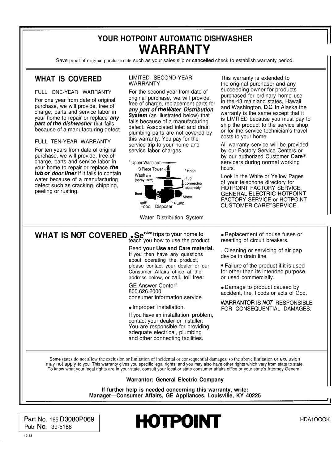 Hotpoint HDA1OOOK manual Warranty 