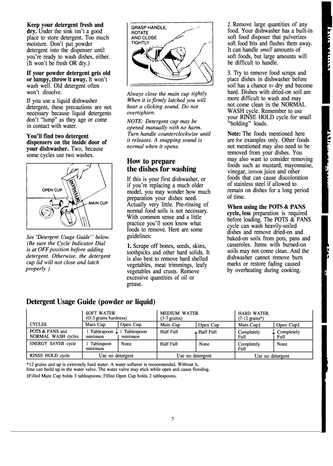 Hotpoint HDA1OOOK manual How to prepare the dishes for washi~, Dete~ent UsWe Guide powder or liquid 